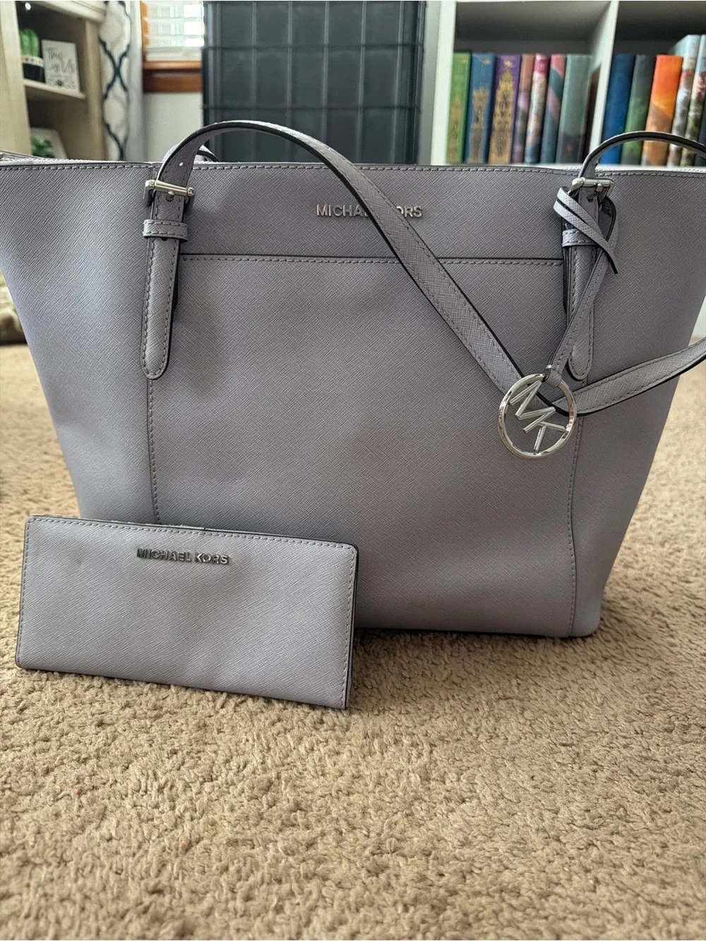 Michael Kors Pale Purple Saffiano Leather Tote Purse and Wallet Set Pearl Grey